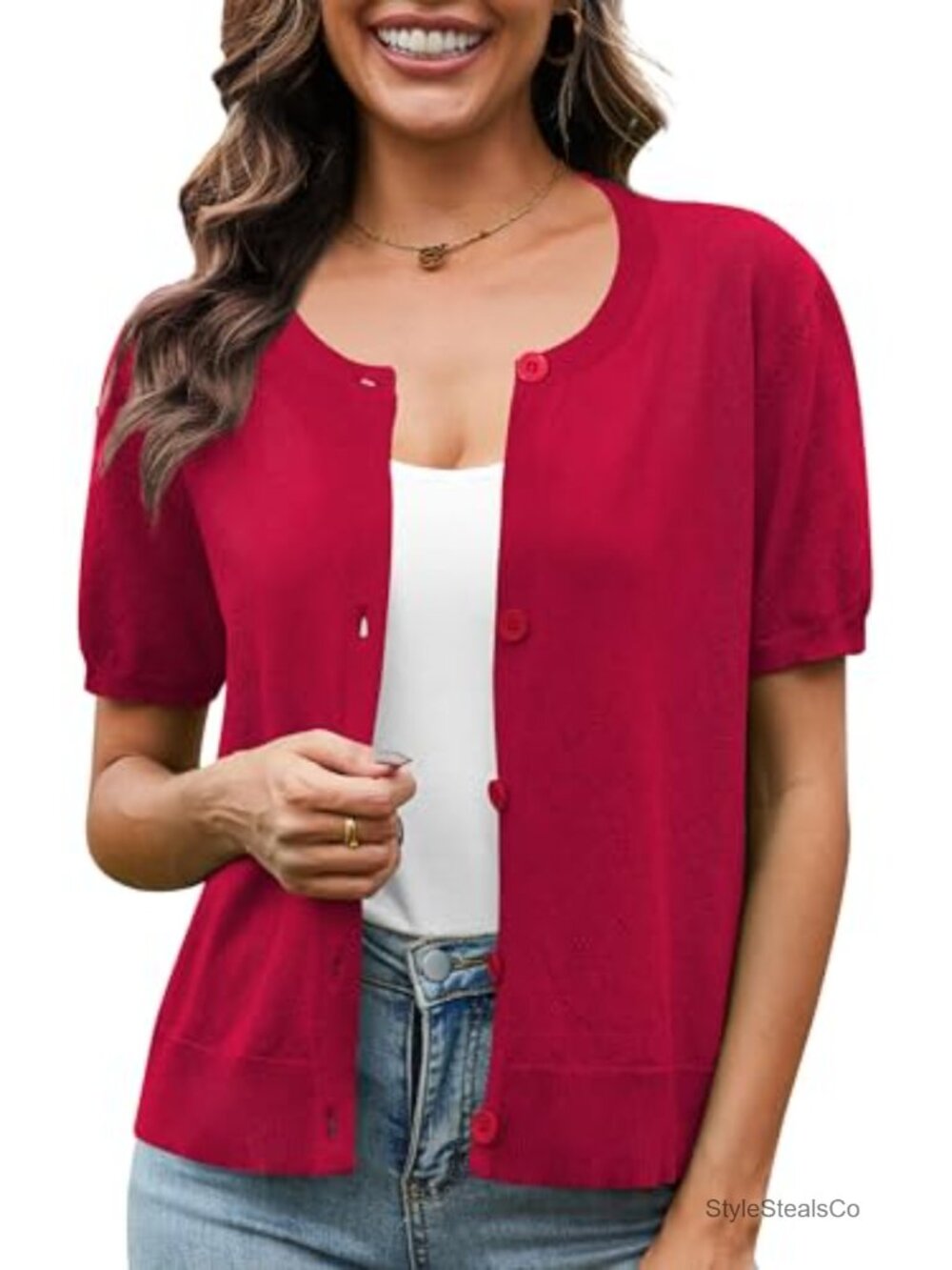Women's Lightweight Crochet Knit Button Cardigan Shrug Short Sleeve